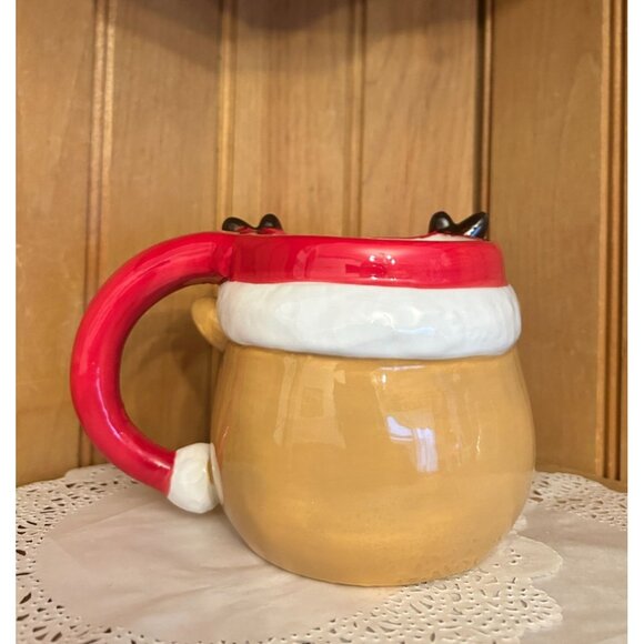 Large Reindeer Retro Christmas Mug Boston Warehouse Antlers & Santa Hat 16oz - Picture 3 of 7